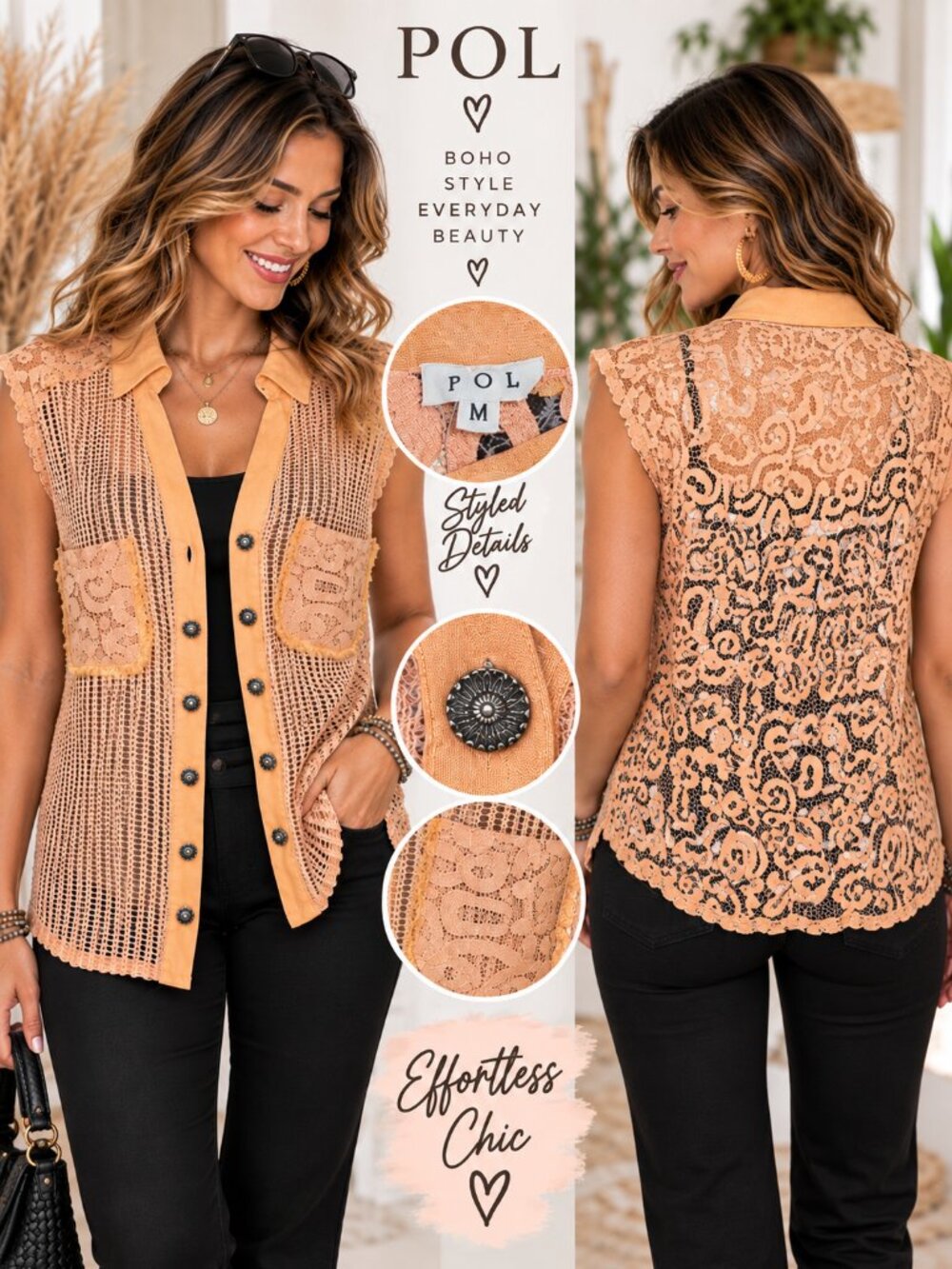 POL Lace Vest Shacket Peach Orange Cotton Layering Top Medium NWOT